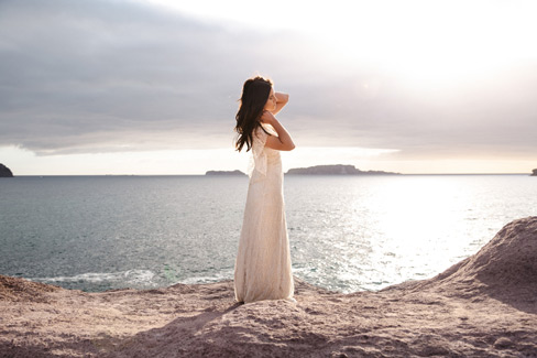 Truly and Madly editorial sunrise at gorgeous Coromandel beach, dress by Alma J Bridal
